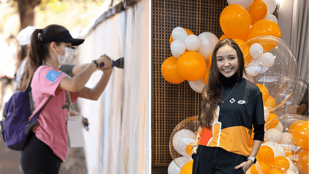 Duas fotografias, lado a lado, da jovem Manuela Amaya. Na imagem à esquerda, ela está usando uma máscara enquanto raspa o muro de uma escola para retirar camadas antigas de tinta e facilitar o processo de pintura e revitalização. Na imagem da direita, a jovem está em um momento celebrativo dos Hospitais Cajuru e São Marcelino Champagnat, em frente a balões de festa nas cores laranja, branca e transparente. 